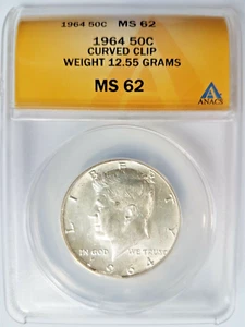 1964 Kennedy Half Dollar ANACS MS 62 Curved Rim Clip Mint Error Clipped Coin - Picture 1 of 12