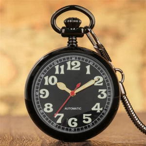 Men's Black Self Winding Pocket Watch Luminous Dial Open Face Design Gift Luxury - Picture 1 of 9