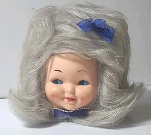Vintage 60s 70s Doll Face Tissue Box Cover Grey Bouffant Hair Pearls Bow Kitsch - Picture 1 of 7