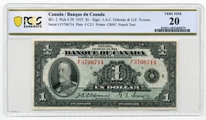 1935 $1 FRENCH Banque du Canada, BC-2 - Very Fine, PCGS VF20 - Picture 1 of 2
