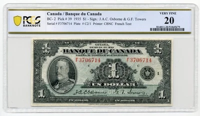 1935 $1 FRENCH Banque du Canada, BC-2 - Very Fine, PCGS VF20 - Image 1 of 2