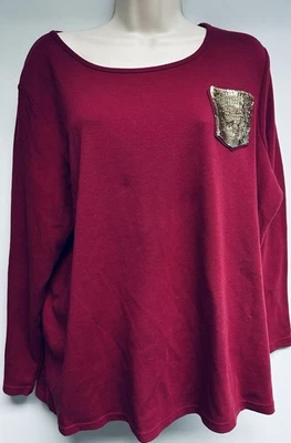 Quacker Factory Womens Plus 1X  Red Gold Sequin Pocket Long Sleeve Shirt QVC - Image 1 of 4