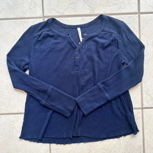 Anthropologie Top Women M Blue Knit Henley Button Long Sleeve Viscose Polyester - Picture 1 of 5
