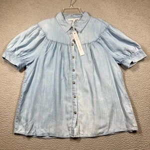 Jane + Delancey Top Womens Medium Light Blue Chambray Short Sleeve Button Up NEW - Picture 1 of 10