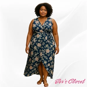 Derek Heart Women’s Blue Floral Maxi Faux Wrap Tank Dress Size 2X Tie Waist NWT - Picture 1 of 9