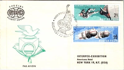 HUNGRÍA 1967 CACHÉ POSTAL CUBIERTA DE VUELO INTERPEX TEMA ESPACIO MATASELLOS ESPECIALES Foto 1 de 2