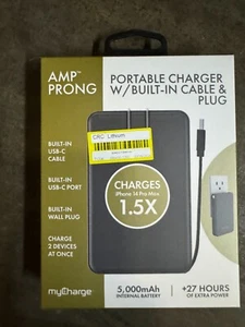 amp prong portable charger w built in cable and plug USB C PORT NEW! - Picture 1 of 1
