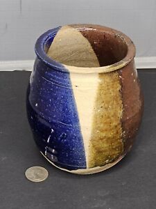 Vase poterie en grès Studio Art 5 pouces bleu marron abstrait signé 1999 Travis Smith