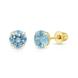 14K Real Solid Gold Birthstone CZ Sleeper Studs Earrings Screw-back 2.5mm-5mm - Picture 1 of 54