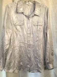 Women's Sz L Calvin Klein Metallic Silver Shirt Top Blouse button down L. Sleeve - Picture 1 of 8