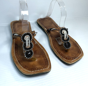 Handmade Womens Leather Flip Flop Sandals Size 8 US (39) Black Bead Kenya Africa
