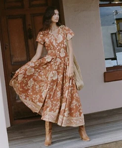 SPELL & The Gypsy Sloane Gown Size XL Long Maxi Dress Button Ochre Floral Cotton - Picture 1 of 14