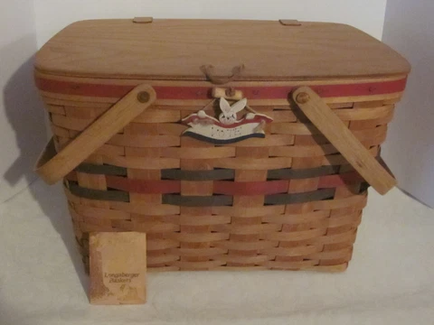 Longaberger 1987 All American Large PICNIC Basket + Protector + Riser Cover