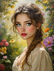 Woman with Heterochromia and a Brain in a Flower Garden Poster Print - Picture 1 of 2
