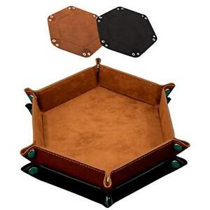  2 Pieces Dice Tray PU Leather Dice Folding Hexagon Tray Dice Camel and Black