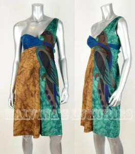 PRADA DRESS SILK EXOTIC PEACOCK DESIGN ONE SHOULDER sz IT 38 US 2 - Picture 1 of 7