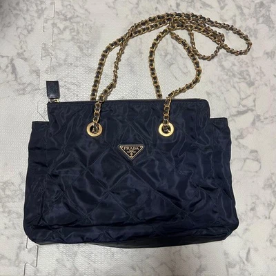 Borsa tote PRADA catena oro nylon navy donna autentica dal Giappone - Immagine 1 di 4