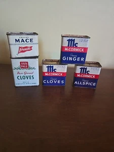 5 Vintage Gewürzdosen McCormick French's Ann Page Streitkolben Nelken Ingwer Piment - Bild 1 von 3