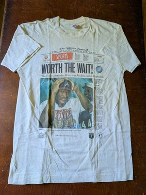 CAMISA ATLANTA BRAVES MLB 1993 SERIE MUNDIAL GRANDE PUNTADA ÚNICA EE. UU. Foto 1 de 4