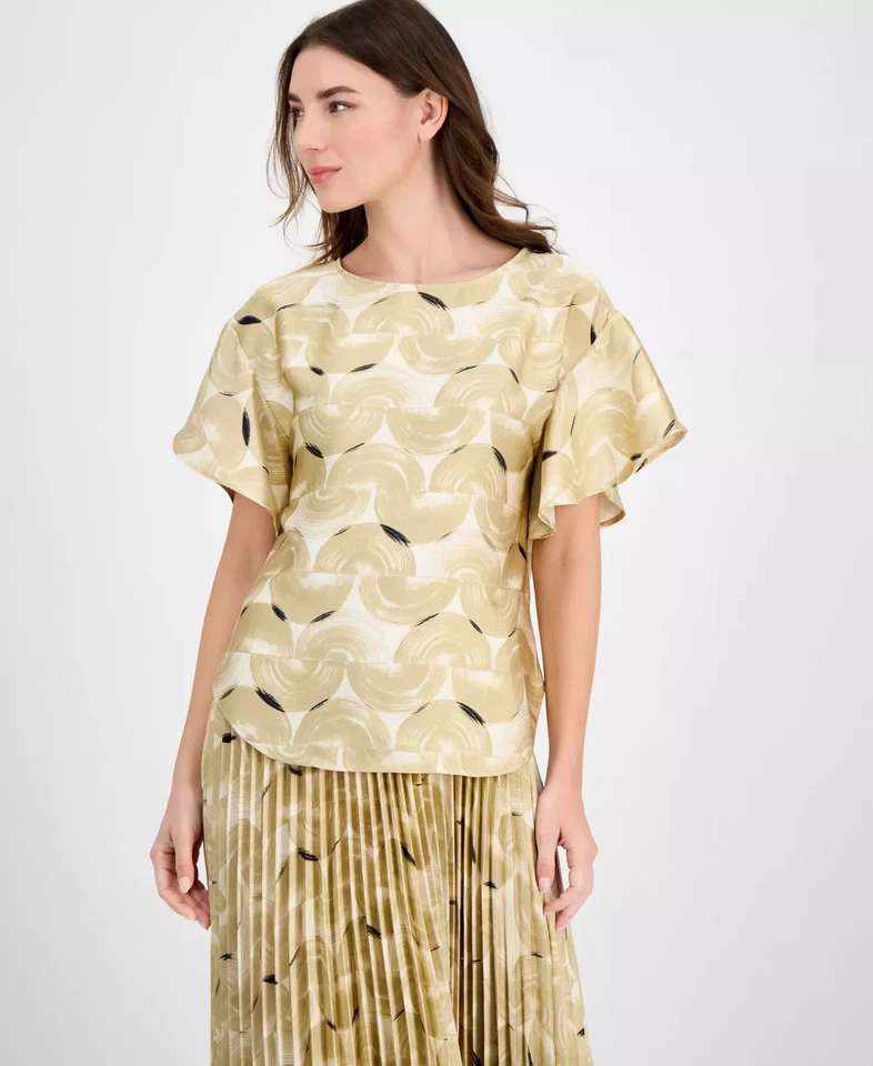 Anne Klein Women's Top Sz M Printed Boat-Neck Flutter-Sleeve - Image 1 of 3