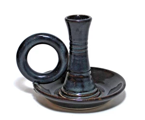 Artist Signed Pottery Chamberstick Candle Holder Dark Blue - Picture 1 of 7