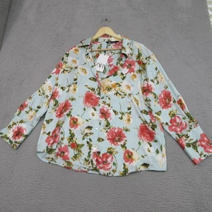 Zara Hemd Damen XL blau geblümt Knopfleiste Langarm Bluse leichtes Oberteil - Bild 1 von 19