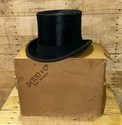Vintage Black Fur Felt Top Hat Size 6 7/8 / 56cm By Dunn & Co & Original Box - Image 1 of 4