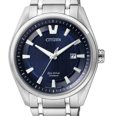 Relógio masculino Citizen Super titânio mostrador azul AW1240-57L janela de data Eco-Drive - Imagem 1 de 4