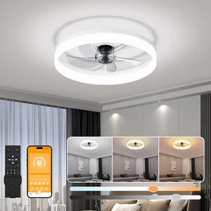 19.7" Low Profile Flush Mount Ceiling Fan with Light Remote & App Control | 6-Sp - Picture 1 of 6