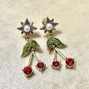 Cherry Rhinestone Pierced Earrings Signed GEN, Blingy Faux Pearl Star Studs - Picture 1 of 9