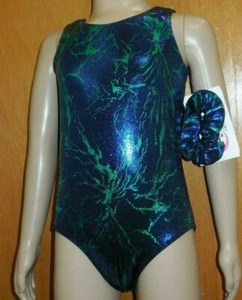Metallic Foil Tank Gymnastic Leotard & scrunchie girls 75186 Blue Green ret $30 - Picture 1 of 7