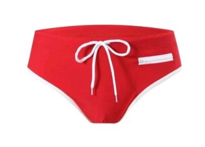 Calzoncillos de baño para hombre rojos con detalle de cremallera y ribete blanco. Talla Grande 34"-36" Foto 1 de 4