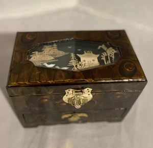 Rare Chinese Jewelry Box Chest w/ Red Rose Silk Interior, Inlay Design, Drawer - Picture 1 of 10