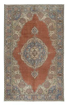 5.8x9 Ft Traditional Hand Knotted Vintage Turkish Rug in Red, Dark Blue & Beige - Image 1 of 4
