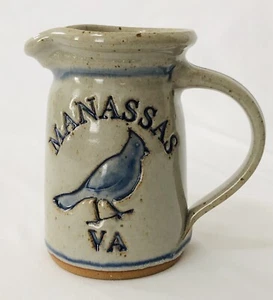 Manassas Virginia ZP Salt Glaze Creamer Pitcher W/Handle Blue Bird Gray Signed - Picture 1 of 8