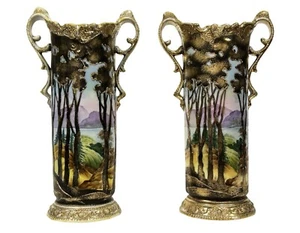 Pair 11" MORIMURA NIPPON PORCELAIN Hand Painted Vases RAISED GOLD DECORATION - Picture 1 of 10