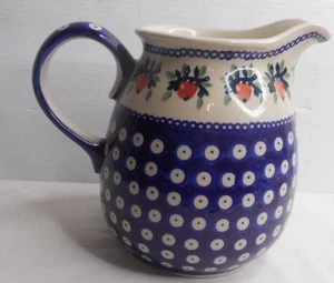 Polnische Keramik Krug Augenpunkte geringelt mit Obst Design Boleslawiec Polen 6-3/4 Zoll - Bild 1 von 6