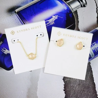 LIQUIDACIÓN!! Conjunto de pendientes collar cuarzo rosa Kendra Scott Tess Tessa tono dorado Foto 1 de 4