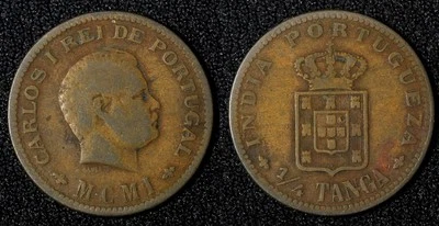 India-Portuguese Charles I Bronze 1901  1/4 Tanga Lisboa mint KM# 15 (27 988) - Image 1 of 3