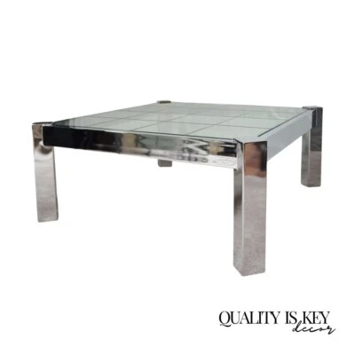 Mesa de centro cuadrada vintage moderna de mediados de siglo cromada de vidrio grabado Pace Baughman Foto 1 de 4