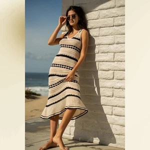 New $249 JOIE Crochet Knit Midi Dress Striped Sleeveless Cream Black Nautical M - Picture 1 of 15
