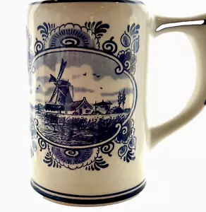 GKB Ceramic Windmill Beer Stein Cobalt Blue White Holland Delfts Hand Painted - Picture 1 of 7