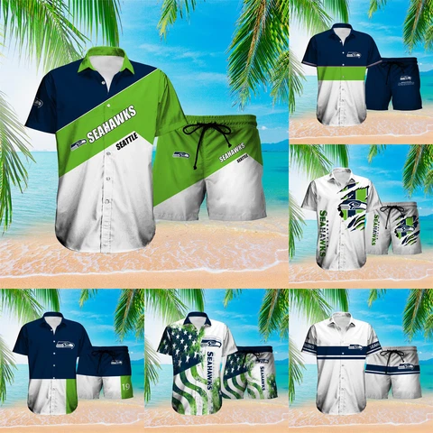 Seattle Seahawks Men's Summer Loose Shirt Gym Workout Board Shorts 2PCS Outfit Cover