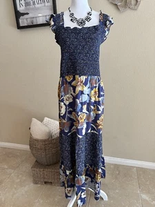 Maurices Women’s Plus Blue/Brown Floral Ruffled Sleeveless Long Dress - Sz 3X - Picture 1 of 8