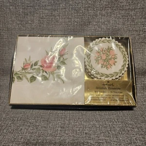 Hallmark Beverage Ensemble Rose Pattern 16 Napkins 16 Coasters Vintage NOS - Picture 1 of 4