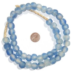 Blue Swirl Recycled Glass Beads 14mm Ghana African Sea Glass Round Large Hole - Picture 1 of 1