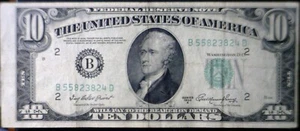 1950A ERROR $10 3rd Print Shift + Mis Cut Federal Reserve Bank Note VF Currency - Picture 1 of 6