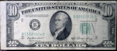 1950A ERROR $10 3rd Print Shift + Mis Cut Federal Reserve Bank Note VF Currency - Image 1 of 4