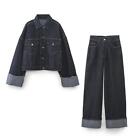 2PC Womens Jean Laple Jacket Straight Pants Wide Leg Trousers Loose Overalls New