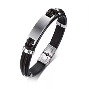 8.46" Black Genuine Leather Bracelet for Men Silver Matte Bangle Stainless Steel - Picture 1 of 8